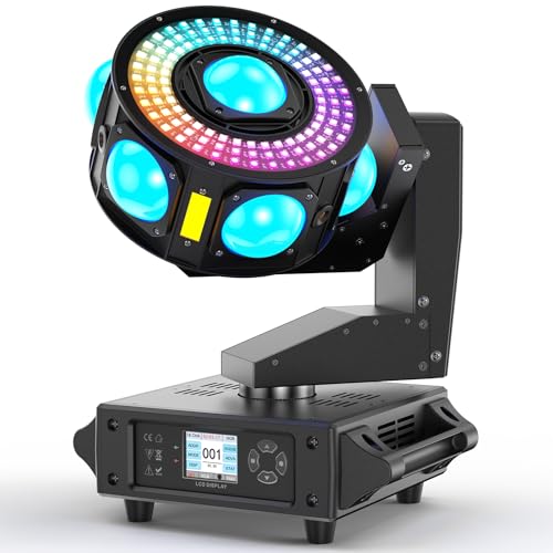 DJ Moving Head Light,XYZ 3-Axis Infinite Rotating 7 LED Beams Stage Lighting with 108x0.2W Colorful Circle,Starry,Amber Strobe Effect,Sound Activate DMX512 19/25CH for Disco Party Wedding Live House
