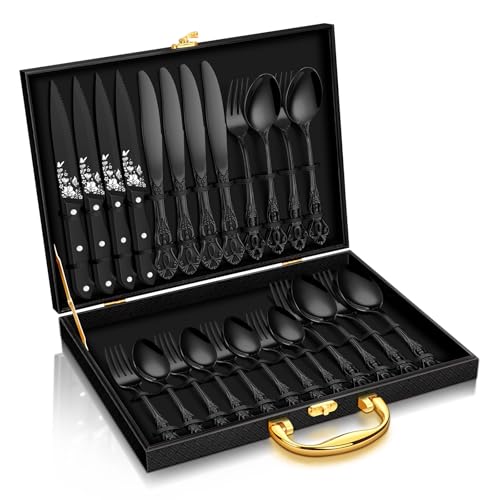 Stapava 24 Pcs Black Silverware Set with Gift Box, Gorgeous Retro Royal Silverware Set for 4, Stainless Steel Mirror Flatware Cutlery Set for Home Party Wedding, Dishwasher Safe Utensils Set