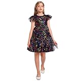 Toddler Girl Birthday Dress Shiny Rainbow Star Tulle Dresses Girls Flutter Sleeve Sequin Star Glitters Princess Tutu Dress Formal Party Sparkly Tulle Dresses Black Stars 9-10 Years