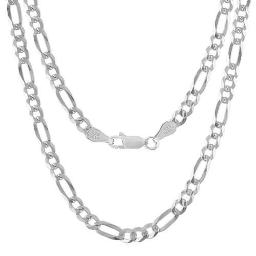 KISPER 925 Sterling Silver Figaro Chain for Men - 5mm Diamond Cut Italian Necklace, Mens Sterling Silver Necklace with Lobster Clasp, Made in Italy, 22 inches