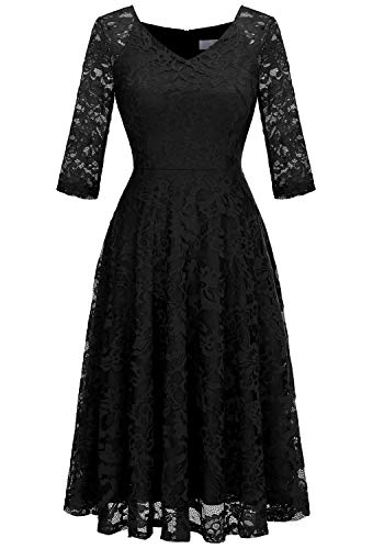 Dressystar Womens Long-Sleeve Wedding Guest Dress A-Line Lace Formal Party Cocktail Midi Dress Prom Gown Black M