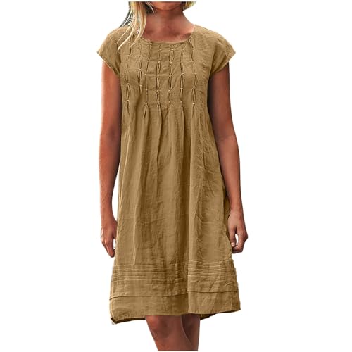 Vestidos Mujer Moda Women's Cotton Linen Summer Dresses 2024 Sleeveless Pleated Dress Casual Knee Length Dress Comfy Summer Lounge Outfits Beach Dress Yellow M