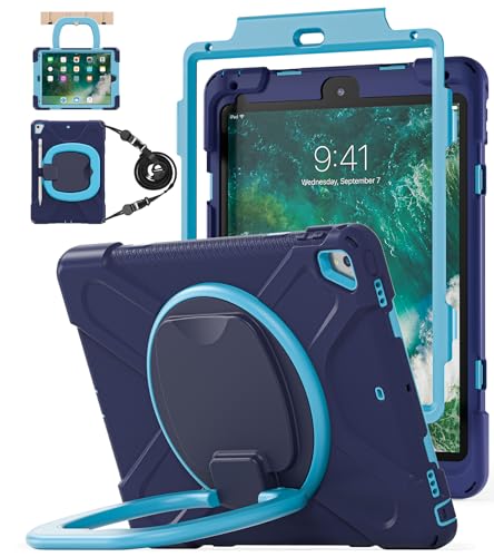 BATYUE Case for iPad 9.7 inch, 2018 iPad 6th Gen, 2017 iPad 5th Gen, iPad Air 2/ iPad Pro 9.7'',Shockproof Protective Cover with Pencil Holder &Rotating Bracket &Shoulder Strap (Navy Blue+Blue)
