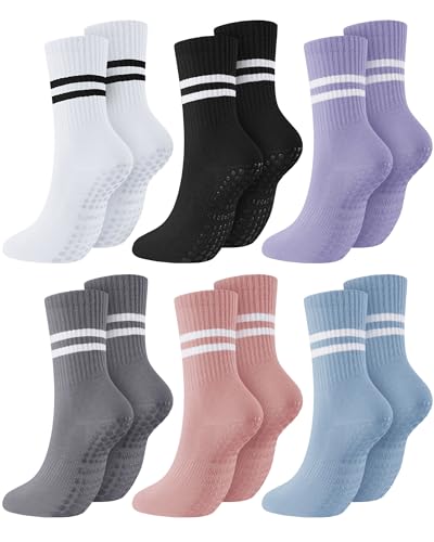 Sintege 6 Pairs Pilates Socks Yoga Socks with Grips for Women Non Slip Barefoot Workout Crew for Pregnant Ballet Dance(Stylish Colors)