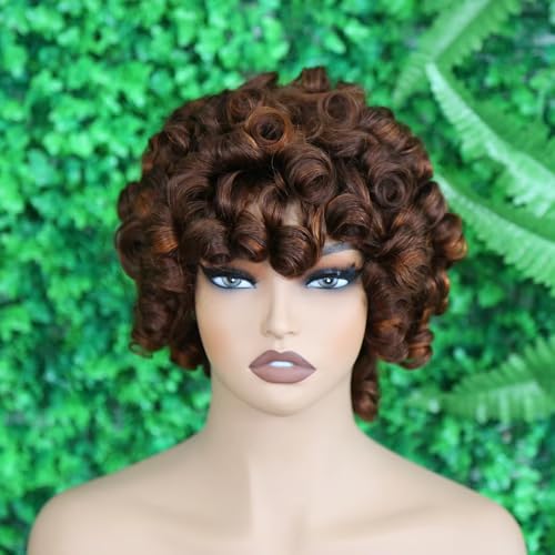 IMAYLI Fringe Bouncy Human Hair Wigs For Black Women Afro Rose Curly Funmi Glueless Wigs with Bangs Short Bouncy Curly Bob Wig With Bang 8Inch 180% Density P4/30