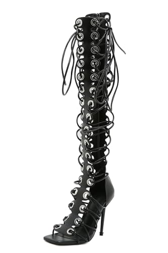 STUPMARY Women Peep Toe Sandals Cut-outs Cross-tied Lace Up High Heeled Gladiator Sandals Zipper Over The Knee Bootie Summer