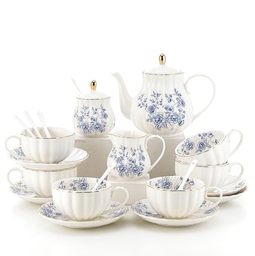 Bloosnow 22 Pieces Porcelain White Tea Sets for Adult,Gold British Tea Set for Women,European Tea Set for Party,White Coffee Cup (Blue), just right size, HFB0001P