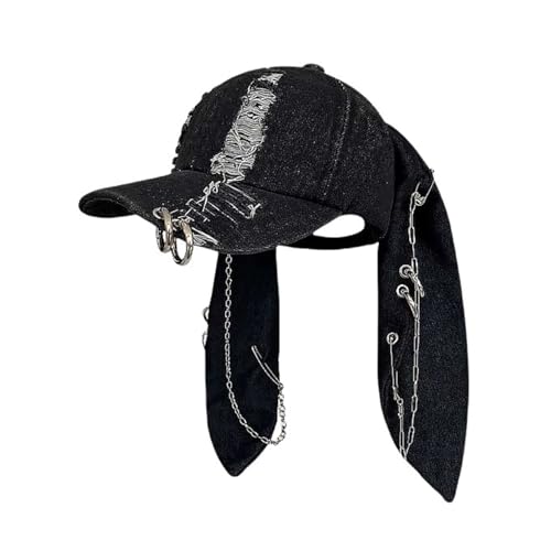 THESSNCE Y2k Hat Punk Hats Denim Bunny Hat Chains Distressed Baseball Cap Kpop Outfits Y2k Grunge Hats for Women