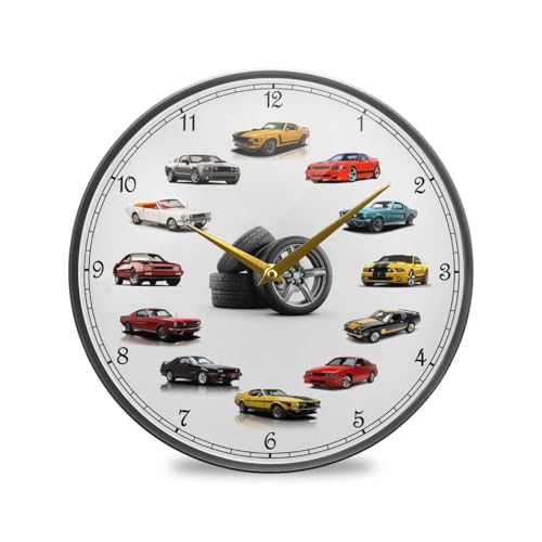 WEVIBOFU Car Wall Clock Battery Operated Desk Clock, 12 inch Silent Non Ticking Acrylic Wall Clocks for Bedroom Living Room Office Classroom Kitchen Decor