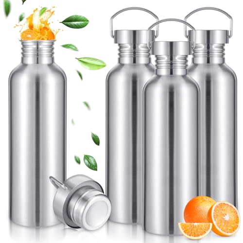 Lemecima 4 Pack Uninsulated Single Walled Stainless Steel Sports Water Bottle 304 18/8 Stainless Steel Camping Water Bottle for Cyclists, Runners, Hikers (35 oz), silver