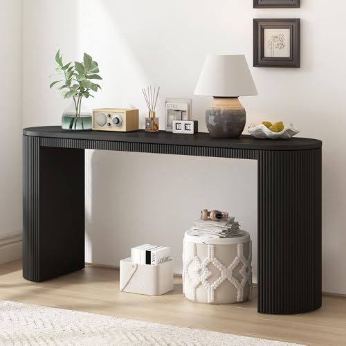 WILLIAMSPACE 59.2" Curved Console Table with Unique Vertical Stripe Design, Modern Wooden Hallway Table Extra Long Accent Entryway Sofa Table for Living Room, Foyer, Corridor (Black)
