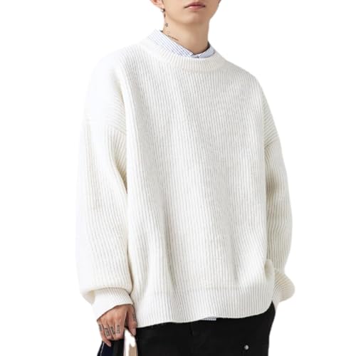 Men's Vintage Grandpa Aesthetic Sweaters Crewneck Knitted Sweatshirt Pullovers Y2K Grunge Clothing Korean Streetwear (White,Large)
