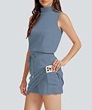 Casly Lamiit Two Piece Skort Set for Women Summer Tennis Outfits Active Wear Workout Track Suit Mock Neck Tops Short Skirt Loungewear Blue Grey S