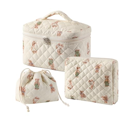 RSRSLEII 3Pcs Aesthetic Cotton Quilted Drawstring Makeup Bag Set, Aesthetic Cute Bow Makeup Pouch for Girls and Women, Aesthetic Travel Organized Cosmetic Bags for Purse(01Bear)