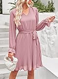 PRETTYGARDEN Women's Casual Spring Fall Dresses Long Puff Sleeve V Neck Pleated Ruffle Flowy Belted Dress (Pink,Large)