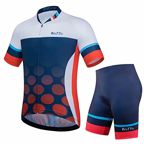 ROTTO Mens Cycling Jersey and Shorts Set Short Sleeve Biking Outfit Bike Clothing and Padded Shorts Suit