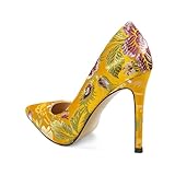 Eldof High Heels for Women, Pointed Toe Flower Embroidered Stiletto Heel Pumps, Slip On High Heel Pumps Shoes Women for Dress Party Wedding Satin Yellow Heels 4 Inches US Size 8