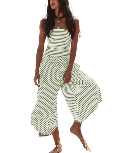 Meladyan Women's Strapless Jumpsuits Striped Summer Loose One Piece Wide Leg Pants Rompers with Pockets