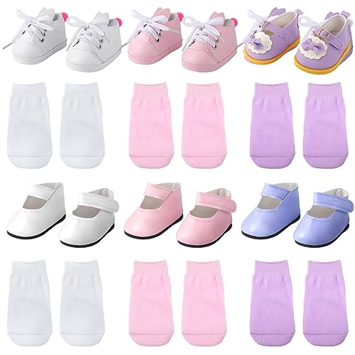 Junkin 12 Pcs Doll Shoes Socks for 18 Inch Doll Shoes Accessories Doll Sneakers Imitation Leather Shoes for Doll Clothing