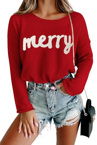 OCURHU Christmas Long Sleeve Shirts for Women Merry Christmas Sweater Cute Xmas Holiday Graphic Pullover Tops A-Red L