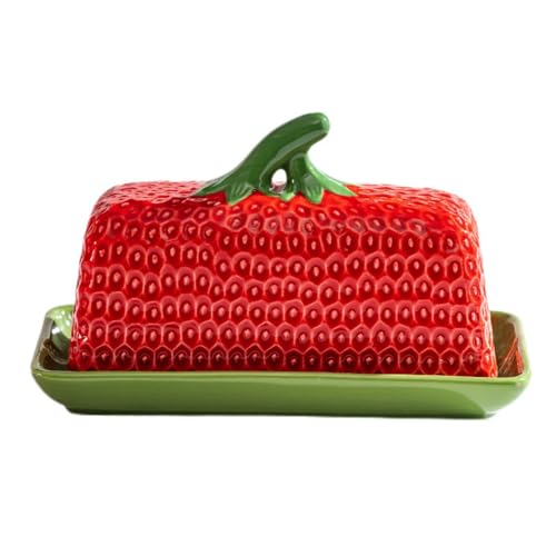 HAN SHENG Strawberry Butter Dish with Lid - Ceramic Butter Keeper Holder Countertop Storage Container & Kitchen Decor, Perfect for East/West Coast & Large Sticks
