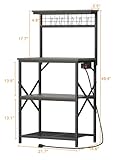 Furologee Kitchen Bakers Rack with Power Outlet, Coffee Bar Station with Storage 4 Tiers, Microwave Oven Stand with 6 S Hooks, Kitchen Storage Shelves Rack for Spices, Pots, Black Oak