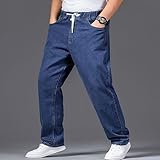 Mens Fashion Classic Jeans Elastic Waist Drawstring Denim Pants Casual Loose Straight Legs Trousers with Pockets Blue