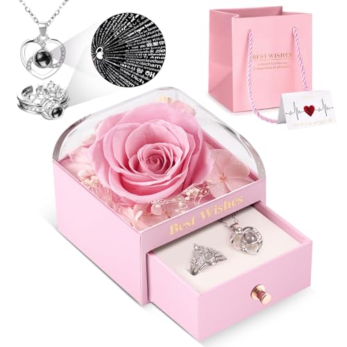 WOKEISE Preserved Real Rose with I Love You Necklace and Crown Ring 100 Languages, Gifts for Women, Girlfriend, Wife, Mom, Grandma, Birthday, Anniversary, Valentine's Day, Mother's Day - Pink