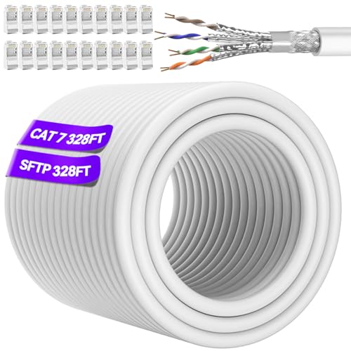 Cat 7 Ethernet Cable Bulk 328ft Outdoor&Indoor(20 RJ45), SFTP Triple Shielded Cat 7High Speed Ethernet Cable 10Gbps 600Mhz, Waterproof, Direct Burial, UV Resistant for Gaming, Router