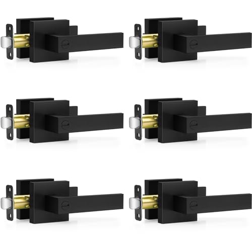 Plustool 6 Pack Matte Black Door Handles, Keyless Interior Door Knobs, Privacy Door Lever Locksets for Bedroom Bathroom, Heavy Duty Square Door Lock (2.0lb), Reversible for Left&Right Handled Doors