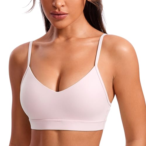 CRZ YOGA Butterluxe V-Neck Sports Bras for Women - Adjustable Thin Straps Padded Yoga Top Basic Wireless Camisole Strawberry Pink Large