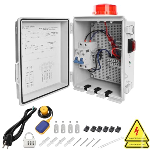 CINVEI Septic Control Panel with Septic Alarm, Pump Circuit Breaker, 14 AWG Power Cord, Float Switch, High Water Septic Tank Alarm with Flashing Lights, 110 DB Audible for Efficient Warning