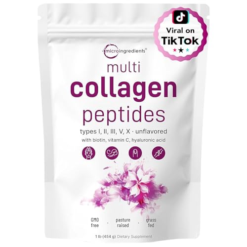 Micro Ingredients Multi Collagen Peptides Powder, 16oz | Type I, II, III, V, X + Biotin, Vitamin C & Hyaluronic Acid | Unflavored | Supports Hair, Skin & Joint Health | Keto, Non-GMO