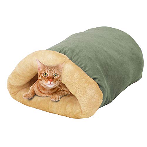 GOOPAWS 4 in 1 Self Warming Burrow Cat Bed, Pet Hideway Sleeping Cuddle Cave (Sage Green)