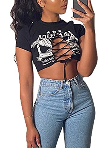 Remidoo Women's Sexy Lace Up Crop Top Short Sleeve Cropped T Shirt Cutout Graphic Tee Black Medium