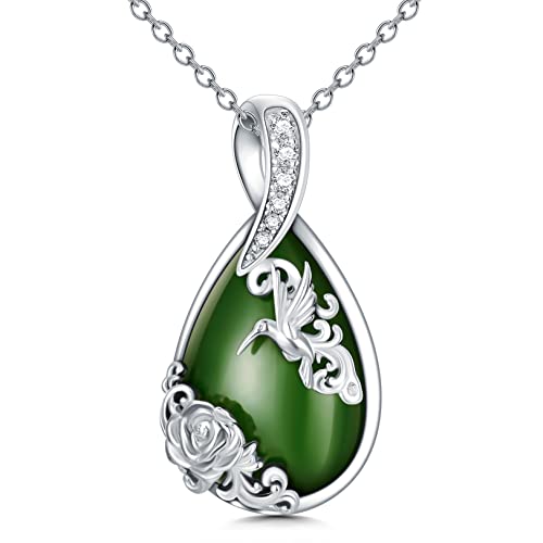 HPQQ Jade Hummingbird Necklace for Women Sterling Silver Teardrop Green Jade Pendant Necklace Hummingbird Jewelry Birthday Christmas Gifts for Women Mom Wife Grandma