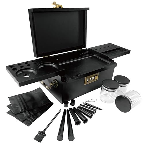 Large Bamboo Box with Combination Lock & Rotatable Rolling Tray with Cone Loader, Home Decorative Storage Box with Handle, Smell Proof Jars, Bags, Tubes, Brush, Pre Rolled Cone Accessories (Black)