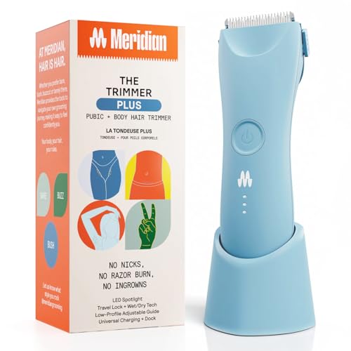 MERIDIAN Trimmer Plus Body & Bikini Hair Manscaping Trimmer, Adjustable Guard, USB-C Charging, Flash Light, Travel Lock, Charging Dock