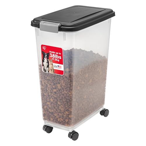 IRIS USA Airtight Dog Food Storage Container, Up to 38 lbs, Attachable Wheels, For Dog Cat Bird and Other Pet Food Storage Bin, Keep Fresh, Translucent Body, Easy Mobility, Black