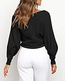 BTFBM Women Casual V Neck Long Sleeve Sweaters Cross Wrap Front Off Shoulder Asymmetric Hem Knitted Crop Solid Pullover(Solid Black, Medium)