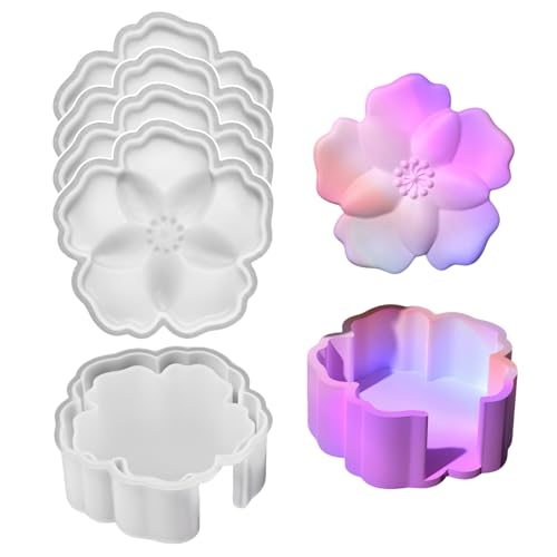 Resin Coaster Molds Silicone, Upgraded 5pcs Flower Silicone Coaster Molds Kit Storage Box Mold for Casting, Sakura Shape Holder Mold for Epoxy Resin, DIY Art Craft Cup Mats (Flower)