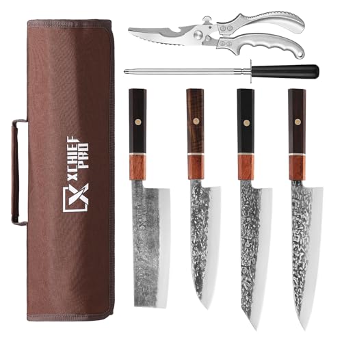 XCHIEF PRO Japan Knife Set, High Carbon Steel Japan Nakiri Santoku Knife Set, Hand Forged Meat Cleaver Butcher Knife with Accessories for Kitchen, Camping BBQ Knives Set with Bag