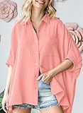 Astylish Women Elegant Shirts Classy V-Neck 3/4 Sleeve Button Down Basic Solid Chic Cotton Textured Oversized Blouse Pink Medium