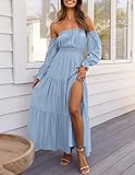 ZESICA Women's 2024 Boho Sexy Off Shoulder Long Sleeve Smocked High Waist Side Split Flowy A Line Tiered Long Maxi Dress,LightBlue,Small