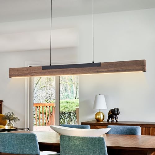 EDISLIVE 49.2 in Wood Linear LED Pendant Light - Modern Dimmable Chandelier - Adjustable Hanging Light Fixture - 3000K 24W LED Island Light for Dining Room Kitchen - Black Wood