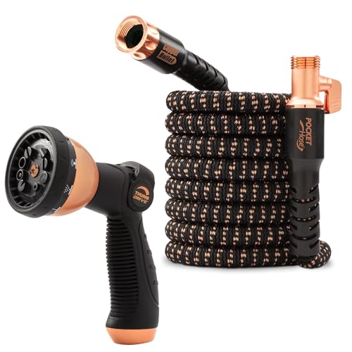 Pocket Hose Copper Bullet Expandable Garden Hose 50 FT w/10 Pattern Thumb Spray Nozzle AS-SEEN-ON-TV 650psi 3/4 in Patented Lead-Free Ultra-Lightweight Solid Copper Anodized Aluminum Fittings No-Kink