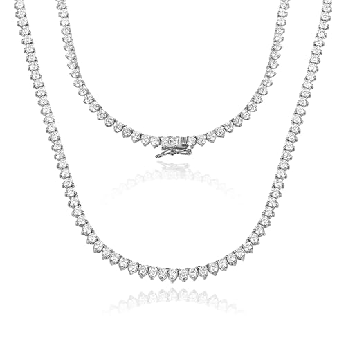 Gemsme 3 Prong 18K White/Yellow Gold Plated 3.0MM Round Cubic Zirconia Classic Tennis Necklace for Women (White Gold Plated, 16 inch)