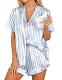 HOTOUCH Womens Silk Satin Pajamas Set Button Down Short Sleeve Sleepwear Set 2 Piece Ruffled Pjs Blue Striped, S