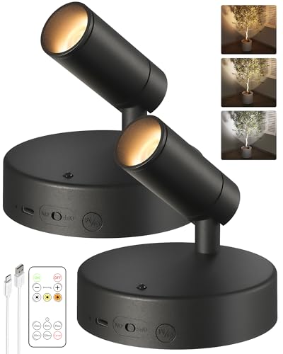 EZVALO Spotlights Indoor with Remote,5500mAh Rechargeable Plant Spotlight Indoor, Wireless LED Uplighting with Timer＆Dimmable, 3CCT,Mini Spot Lights for Painting,Artwork,Accent Lighting(2Pack-Black)