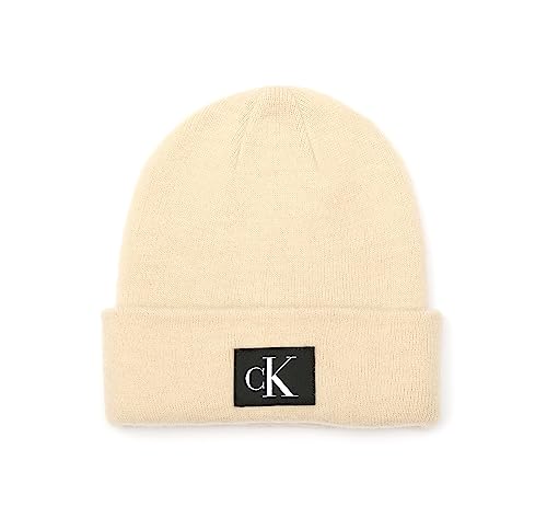 Calvin Klein Men's Key Item Woven CK Patch Cuff Hat, Unbleached Heather, One Size